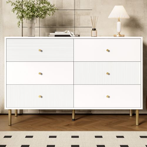 Commode Blanche à 6 Tiroirs 120x40x78 Cm, Poignées Alliage De Zinc, Pieds En Acier