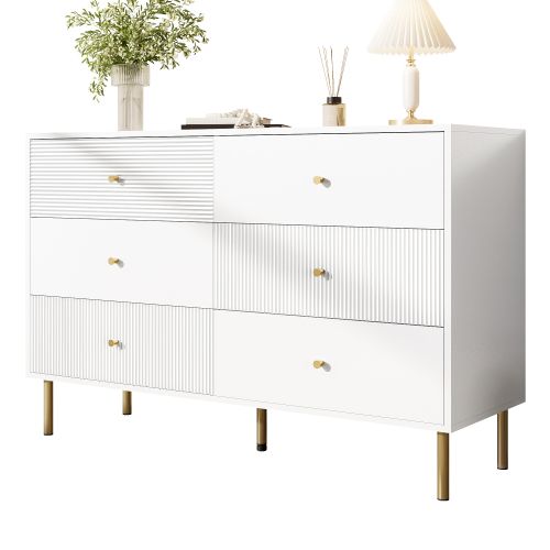 Commode Blanche à 6 Tiroirs 120x40x78 Cm, Poignées Alliage De Zinc, Pieds En Acier