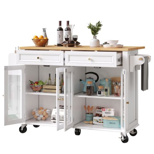 Desserte De Cuisine à 5 Roulettes Avec Tiroir Et Portes En Verre, Blanc