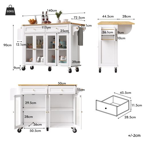Desserte De Cuisine à 5 Roulettes Avec Tiroir Et Portes En Verre, Blanc