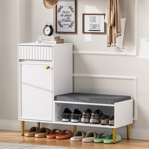 Meuble à Chaussures Blanc Avec Banc, 1 Porte, 1 Tiroir, 1 Étagère Ouverte, 100x35x82.2 Cm