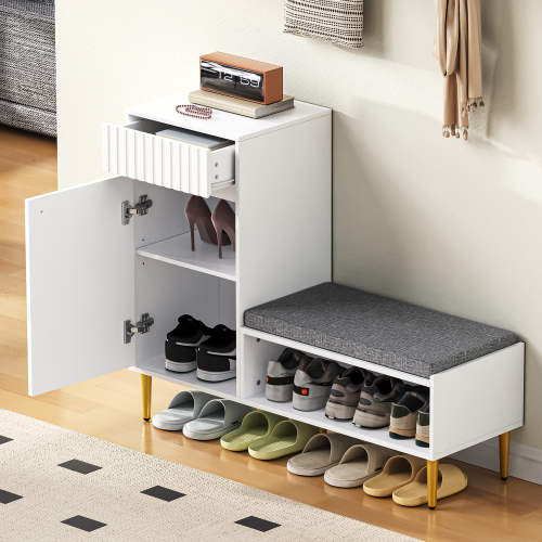 Meuble à Chaussures Blanc Avec Banc, 1 Porte, 1 Tiroir, 1 Étagère Ouverte, 100x35x82.2 Cm