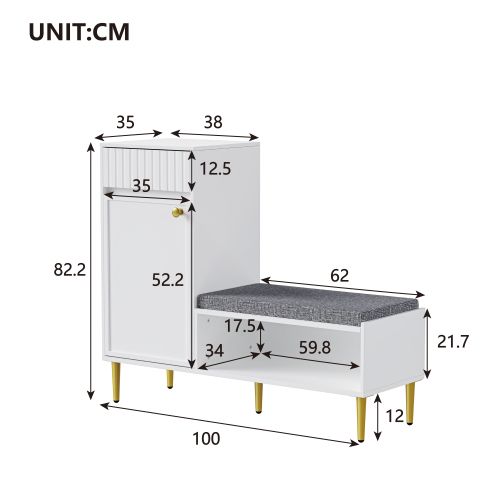 Meuble à Chaussures Blanc Avec Banc, 1 Porte, 1 Tiroir, 1 Étagère Ouverte, 100x35x82.2 Cm