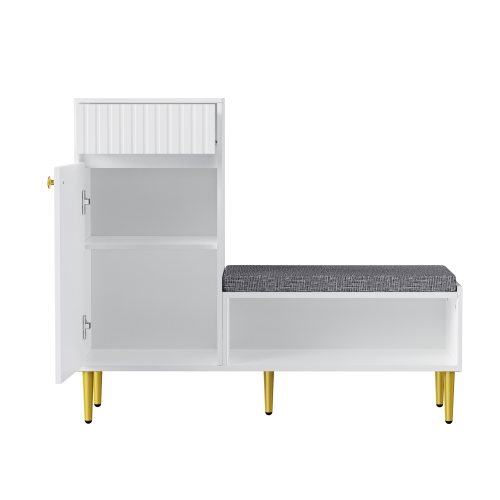 Meuble à Chaussures Blanc Avec Banc, 1 Porte, 1 Tiroir, 1 Étagère Ouverte, 100x35x82.2 Cm