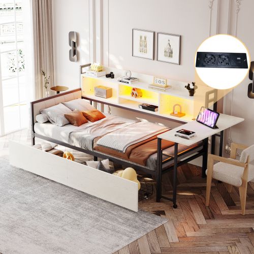 Lit Enfant 90x200 Cm, Avec Tiroirs Et Bureau Escamotable, En Métal, Blanc