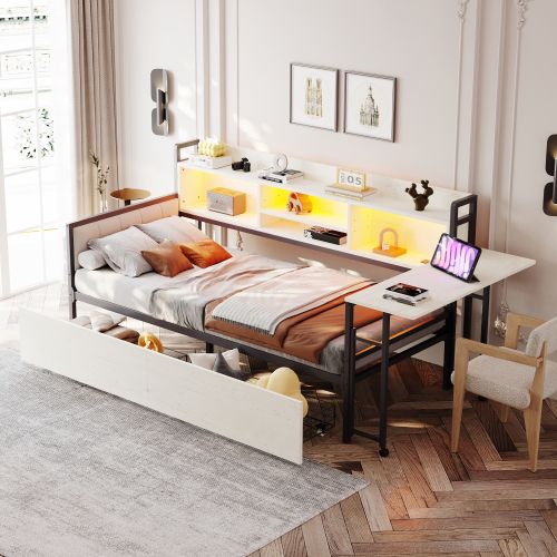 Lit Enfant 90x200 Cm, Avec Tiroirs Et Bureau Escamotable, En Métal, Blanc