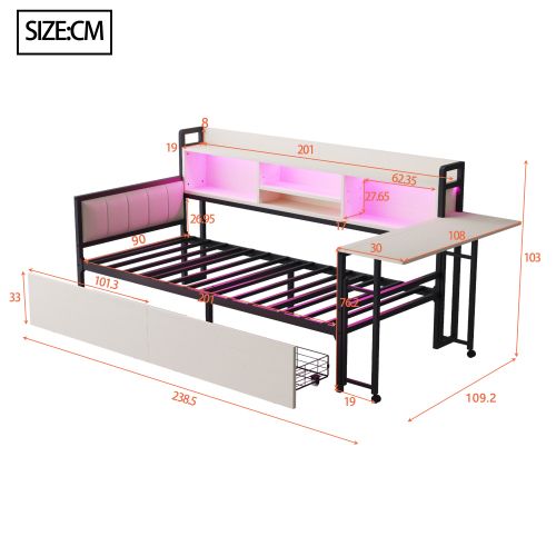 Lit Enfant 90x200 Cm, Avec Tiroirs Et Bureau Escamotable, En Métal, Blanc