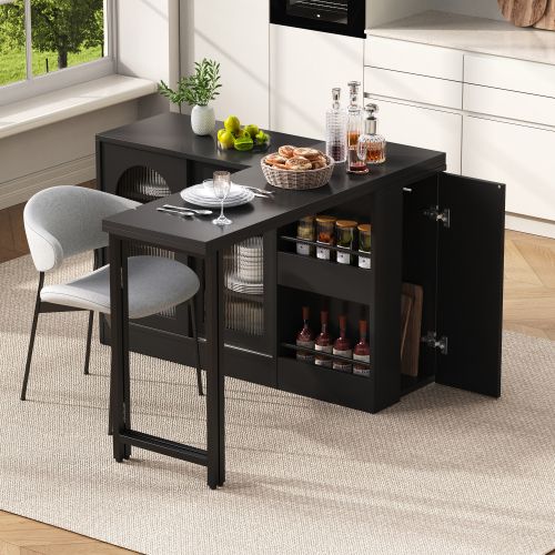 Table De Bar Extensible 360° Pivotante Avec Rangement Et Portes Coulissantes En Verre, Noir