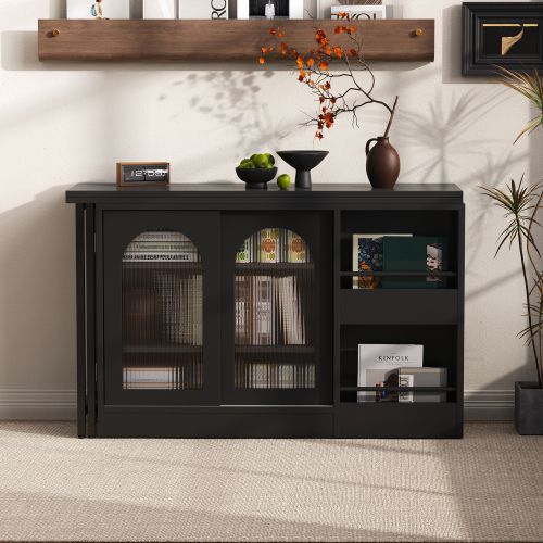 Table De Bar Extensible 360° Pivotante Avec Rangement Et Portes Coulissantes En Verre, Noir