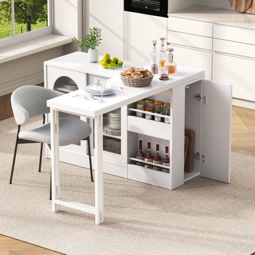 Table De Bar Extensible 121.5x40x76.7 Cm, Panneau Pivotant, Blanc