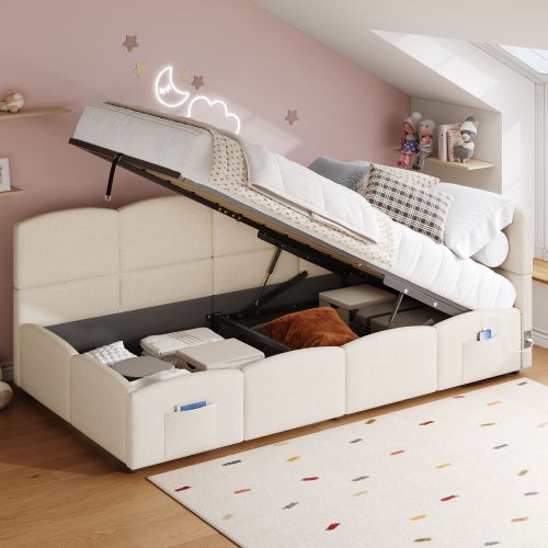 Lit Coffre 90x200 Cm, Lit Enfant Avec Ports USB Et Type-c, En Bouclé, Beige