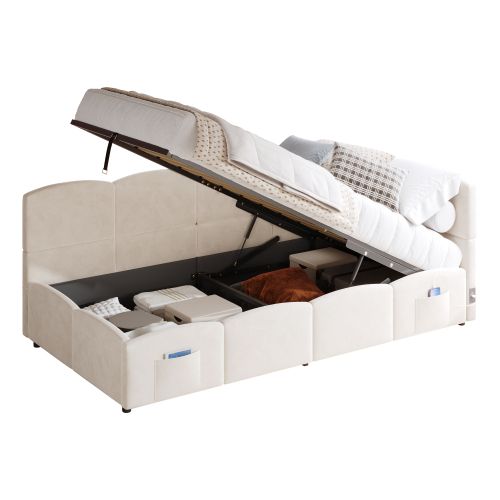 Lit Coffre 90x200 Cm, Lit Enfant Avec Ports USB Et Type-c, En Bouclé, Beige