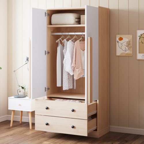 Armoire 70 X 40 X 170 Cm Avec  2 Portes, 2 Tiroirs, Naturel Et Blanc
