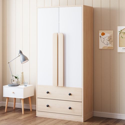 Armoire 70 X 40 X 170 Cm Avec  2 Portes, 2 Tiroirs, Naturel Et Blanc