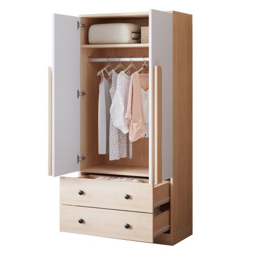 Armoire 70 X 40 X 170 Cm Avec  2 Portes, 2 Tiroirs, Naturel Et Blanc