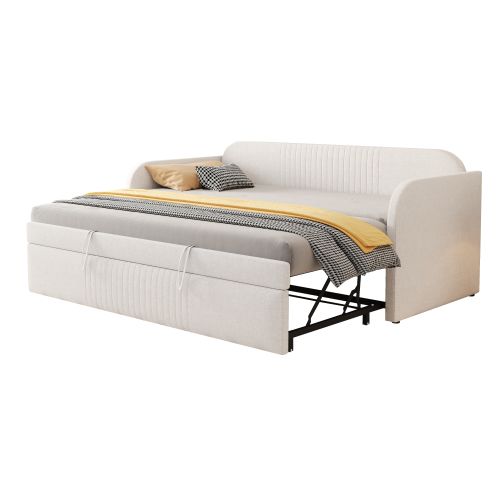 Lit Gigogne 90x190 Cm Avec Lattes, En Lin, Beige
