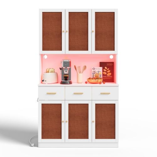 Buffet Haut 105x43x182 Cm Avec LED, Prise Intégrée, Façades Tissu, Blanc