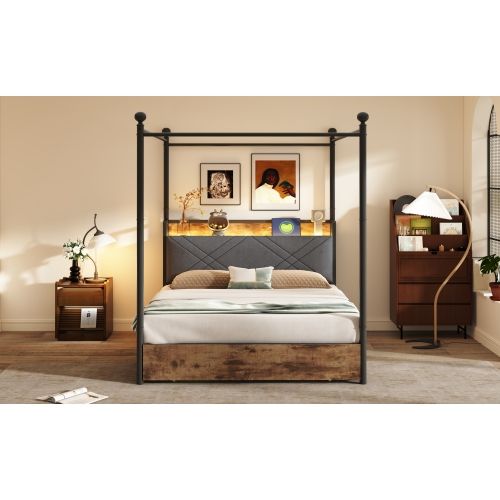 Lit Adulte 140x190 Cm Avec Rangement Et Baldaquin Amovible, Avec Tête De Lit, En Métal, Noir