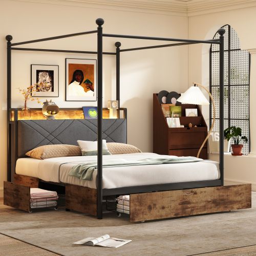 Lit Adulte 140x190 Cm Avec Rangement Et Baldaquin Amovible, Avec Tête De Lit, En Métal, Noir