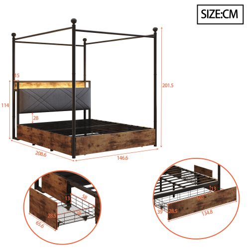 Lit Adulte 140x190 Cm Avec Rangement Et Baldaquin Amovible, Avec Tête De Lit, En Métal, Noir