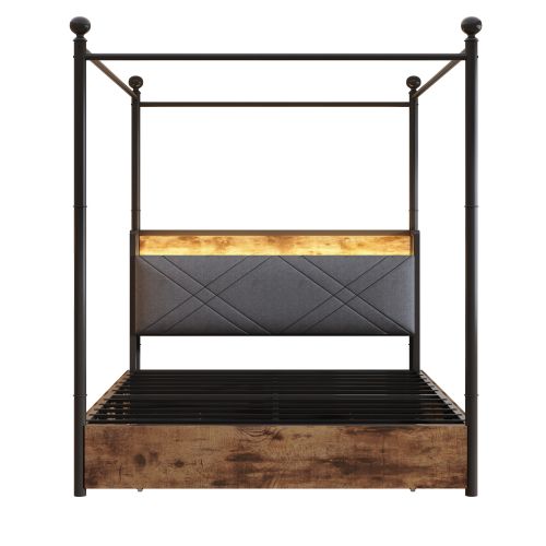 Lit Adulte 140x190 Cm Avec Rangement Et Baldaquin Amovible, Avec Tête De Lit, En Métal, Noir