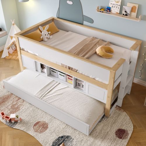 Lit Mi-hauteur Enfant 90x200 Cm Avec Lit Gigogne 90x190 Cm Et Rangements, En Bois, Blanc Et Naturel