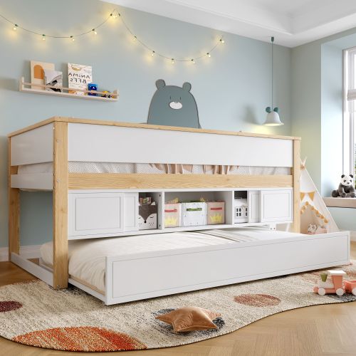 Lit Mi-hauteur Enfant 90x200 Cm Avec Lit Gigogne 90x190 Cm Et Rangements, En Bois, Blanc Et Naturel