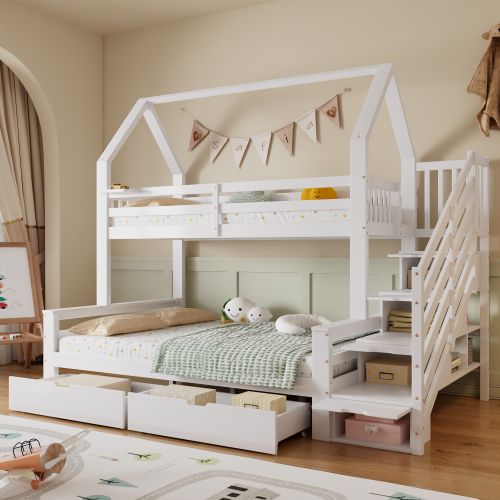 Lit Mezzanine Enfant 90x200 Cm 2 Places - Bois Massif Pin Blanc | Escalier Intégré Et Sécurité