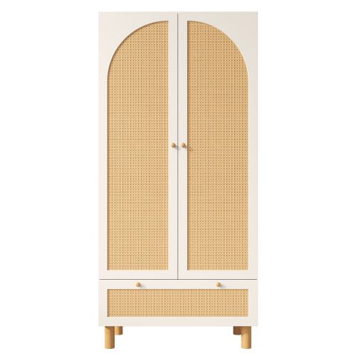 Armoire 180,5 X 85,5 X 52 Cm, 2 Portes En Rotin, 1 Tiroir En Rotin, Tringle à Vêtements, Blanc