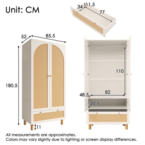 Armoire 180,5 X 85,5 X 52 Cm, 2 Portes En Rotin, 1 Tiroir En Rotin, Tringle à Vêtements, Blanc