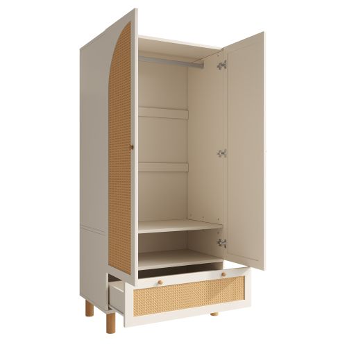 Armoire 180,5 X 85,5 X 52 Cm, 2 Portes En Rotin, 1 Tiroir En Rotin, Tringle à Vêtements, Blanc