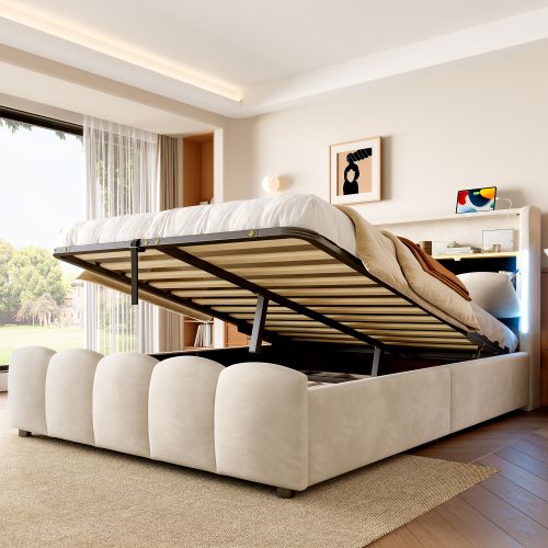 Lit Coffre 140x200 Cm, Lit Adulte Avec Tête De Lit De Rangement Et LED, En Velours, Beige