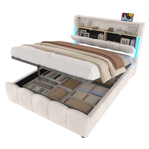 Lit Coffre 140x200 Cm, Lit Adulte Avec Tête De Lit De Rangement Et LED, En Velours, Beige