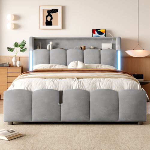 Lit Coffre 140x200 Cm, Lit Adulte Avec Tête De Lit De Rangement Et LED, En Velours, Gris