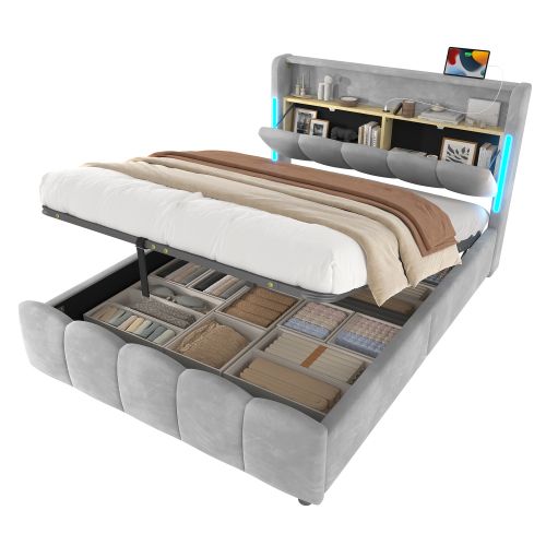 Lit Coffre 140x200 Cm, Lit Adulte Avec Tête De Lit De Rangement Et LED, En Velours, Gris