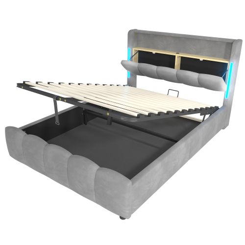 Lit Coffre 140x200 Cm, Lit Adulte Avec Tête De Lit De Rangement Et LED, En Velours, Gris