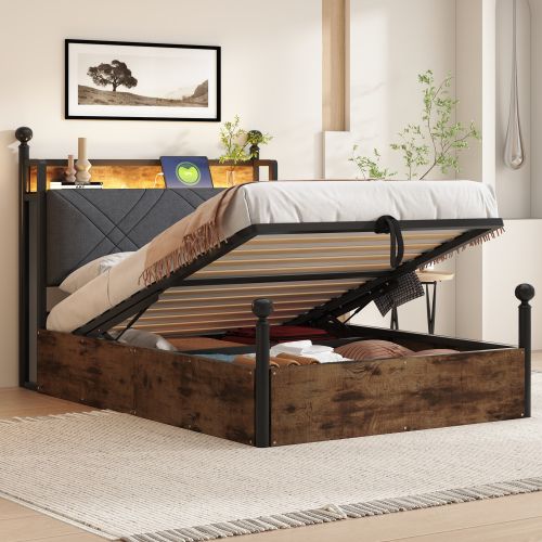 Lit Coffre 90x190 Cm, Hydraulique, LED Intégrée, Avec Tête De Lit, En Métal, Noir