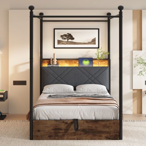 Lit Coffre 90x190 Cm, Hydraulique, LED Intégrée, Avec Tête De Lit, En Métal, Noir