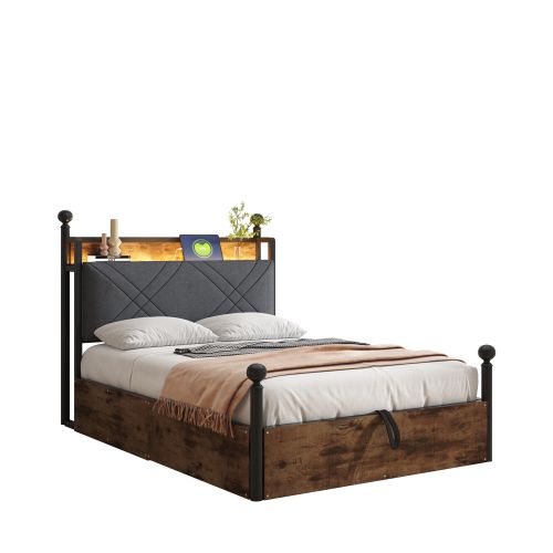 Lit Coffre 90x190 Cm, Hydraulique, LED Intégrée, Avec Tête De Lit, En Métal, Noir