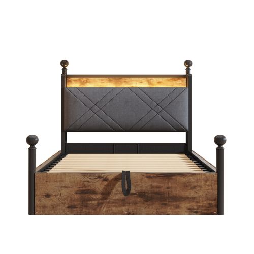 Lit Coffre 90x190 Cm, Hydraulique, LED Intégrée, Avec Tête De Lit, En Métal, Noir