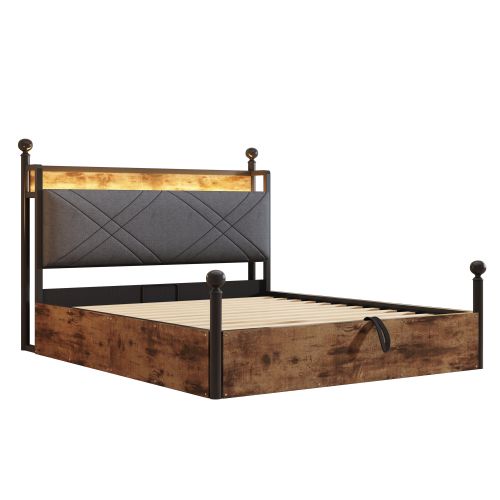 Lit Coffre Adulte 140x190 Cm, Baldaquin Amovible, Avec Tête De Lit Avec LED, En Métal, Noir