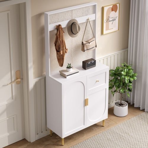 Vestiaire D’entrée Avec Portes, Étagères Réglables, Crochets Et Tiroir, Blanc