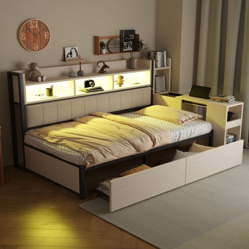 Lit Enfant 90x200 Cm Avec Bureau Intégré, Compartiments De Rangement Et 2 Tiroirs, En Métal, Blanc