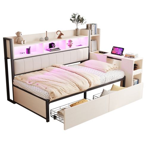 Lit Enfant 90x200 Cm Avec Bureau Intégré, Compartiments De Rangement Et 2 Tiroirs, En Métal, Blanc
