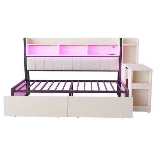 Lit Enfant 90x200 Cm Avec Bureau Intégré, Compartiments De Rangement Et 2 Tiroirs, En Métal, Blanc