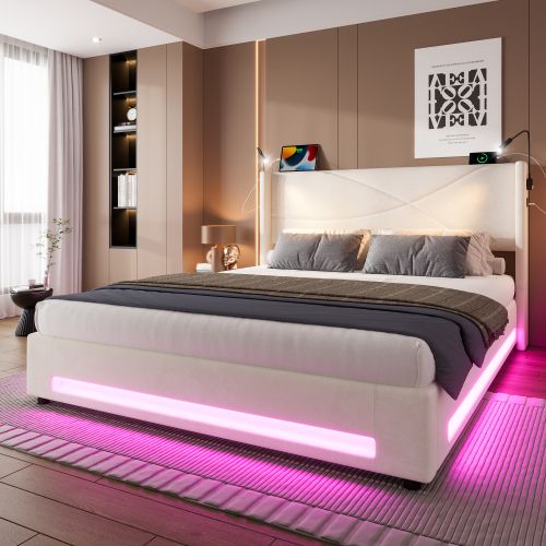 Lit Coffre 160x200 Cm, Tête De Lit Avec LED Et Ports USB, Avec Sommier à Lattes, En Velours, Beige