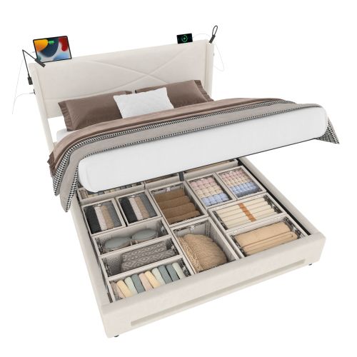 Lit Coffre 160x200 Cm, Tête De Lit Avec LED Et Ports USB, Avec Sommier à Lattes, En Velours, Beige