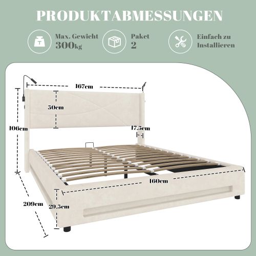 Lit Coffre 160x200 Cm, Tête De Lit Avec LED Et Ports USB, Avec Sommier à Lattes, En Velours, Beige