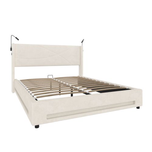 Lit Coffre 160x200 Cm, Tête De Lit Avec LED Et Ports USB, Avec Sommier à Lattes, En Velours, Beige