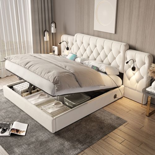 Lit Coffre 180x200 Cm, Avec Tête De Lit Prolongée, En Velours, Beige